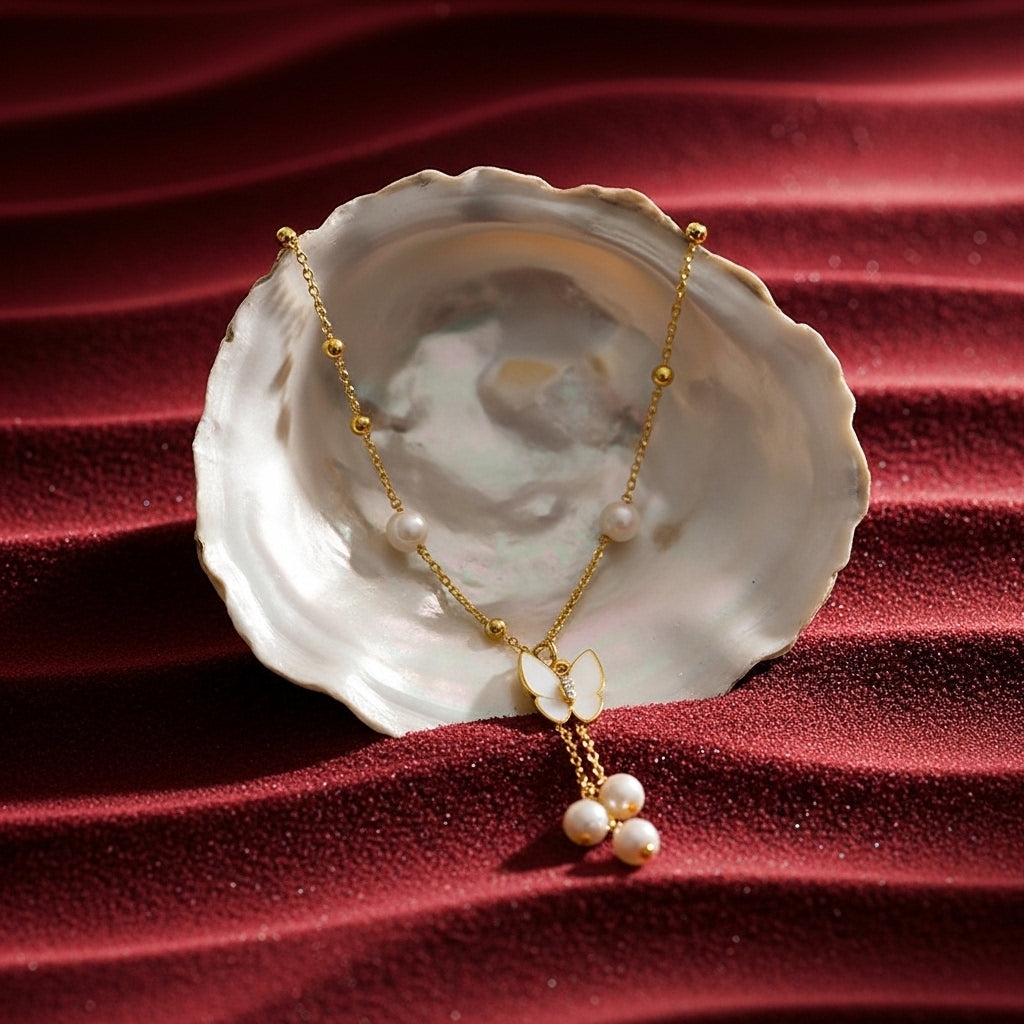 Natural Freshwater Pearl Necklace 6-7mm Butterfly Tassel