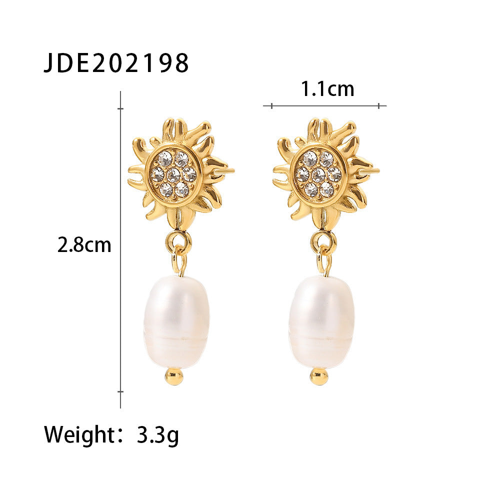 French Retro Fresh Water Pearl Women's Senior Niche 18K Gold Zircon Stud Earrings