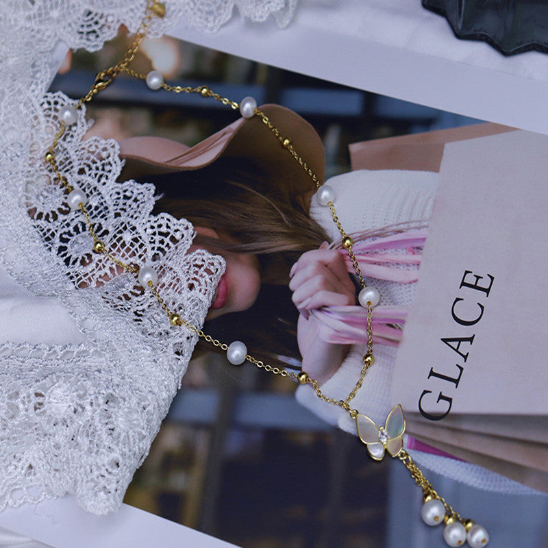 Natural Freshwater Pearl Necklace 6-7mm Butterfly Tassel