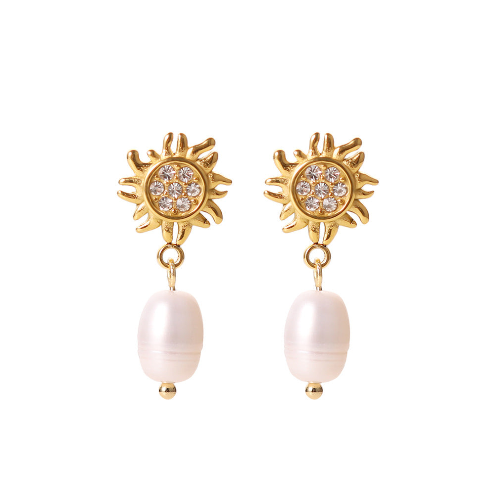French Retro Fresh Water Pearl Women's Senior Niche 18K Gold Zircon Stud Earrings
