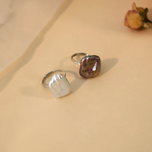 Natural Shaped Square Baroque Pearl Ring Whole Body 925 Silver Simple Elegant Girls JZ1519