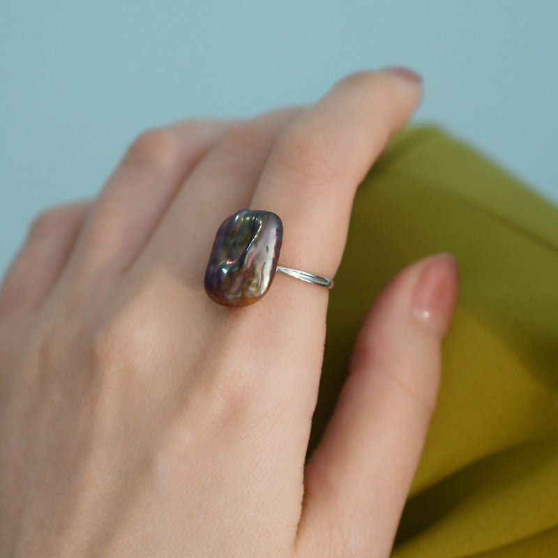 Natural Shaped Square Baroque Pearl Ring Whole Body 925 Silver Simple Elegant Girls JZ1519
