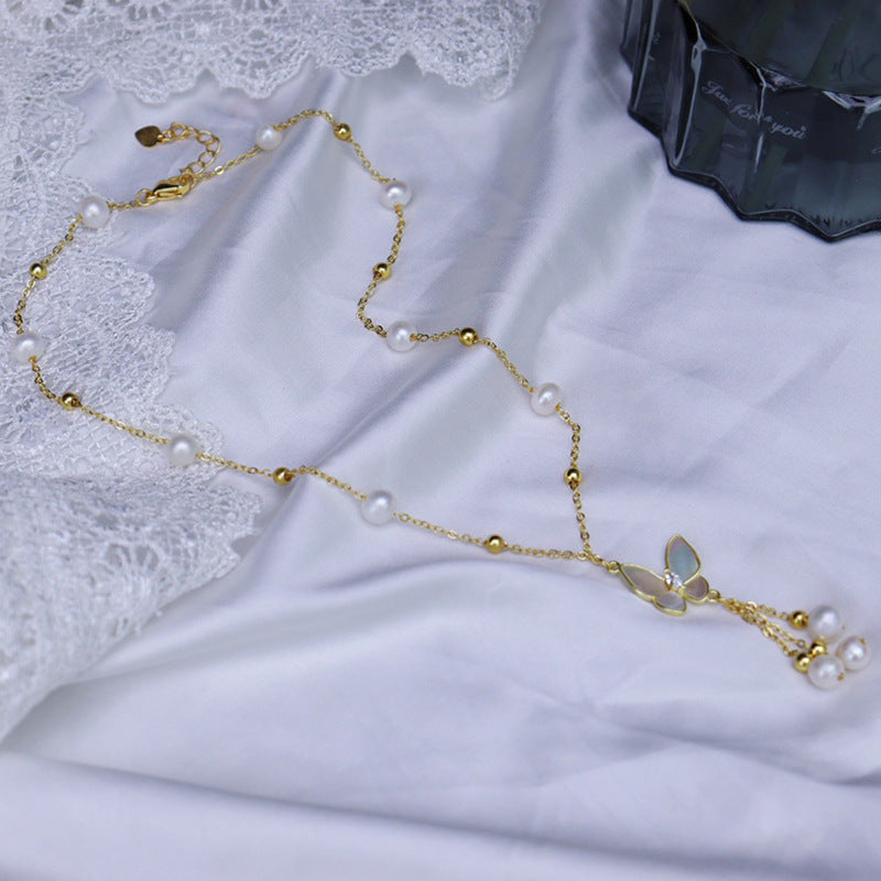 Natural Freshwater Pearl Necklace 6-7mm Butterfly Tassel