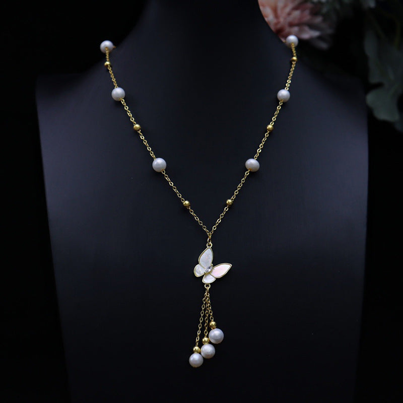 Natural Freshwater Pearl Necklace 6-7mm Butterfly Tassel