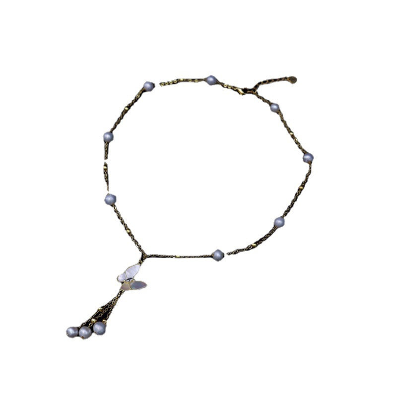 Natural Freshwater Pearl Necklace 6-7mm Butterfly Tassel