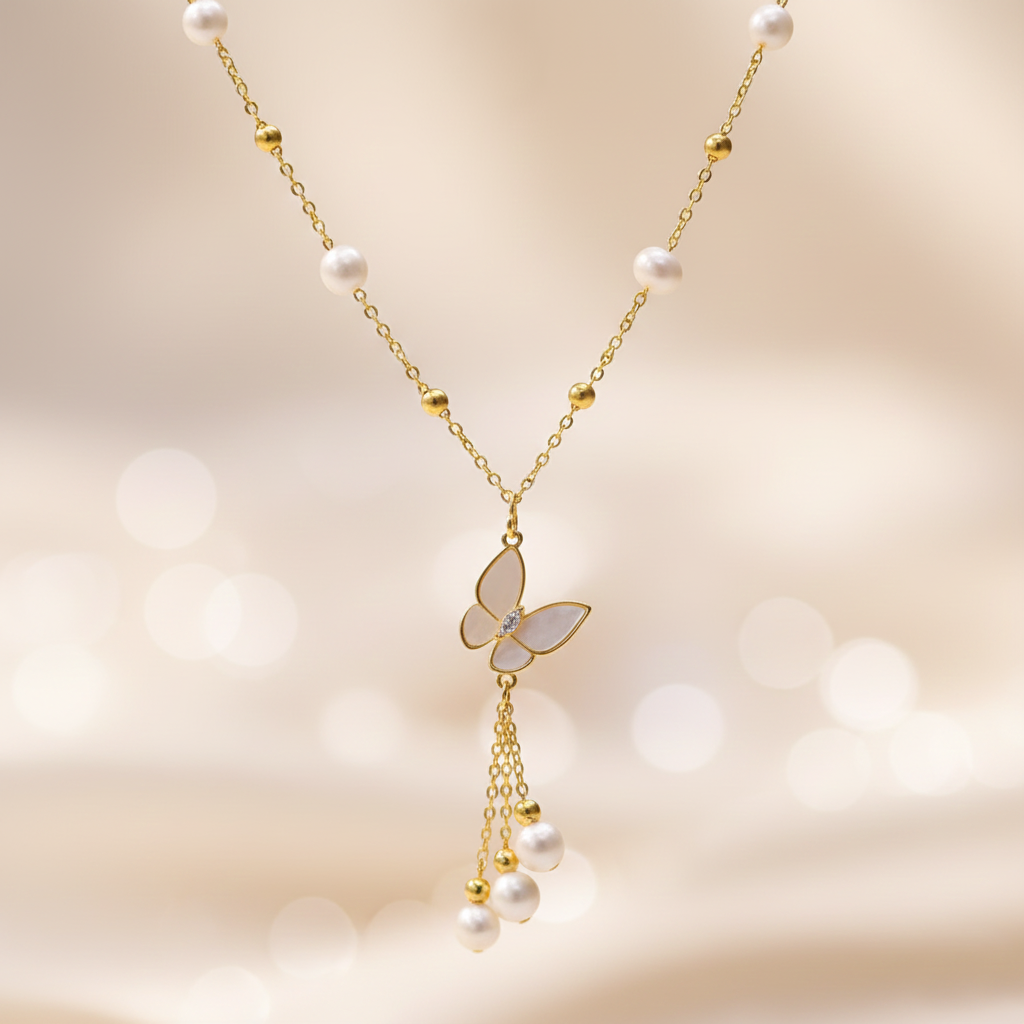 Natural Freshwater Pearl Necklace 6-7mm Butterfly Tassel