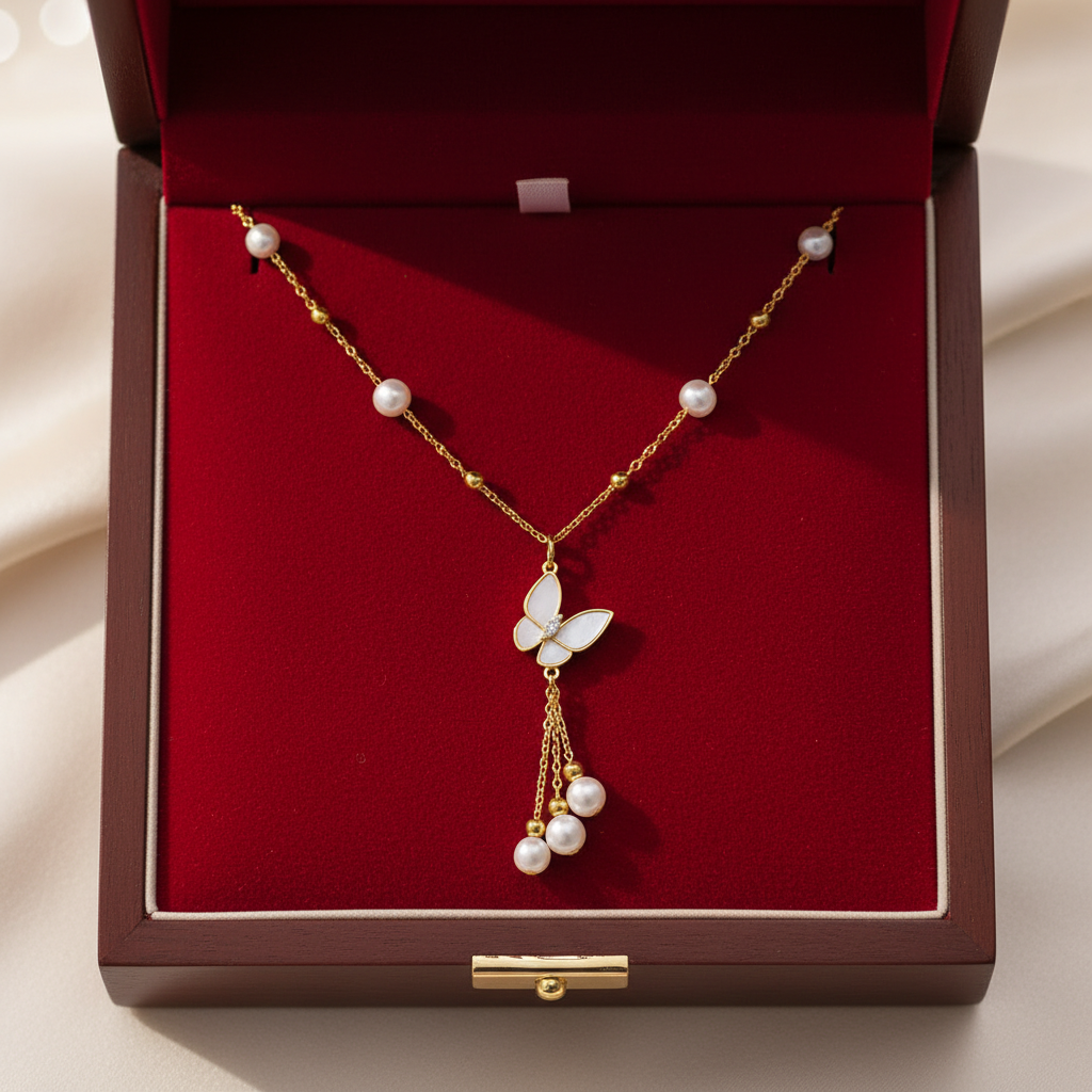 Natural Freshwater Pearl Necklace 6-7mm Butterfly Tassel