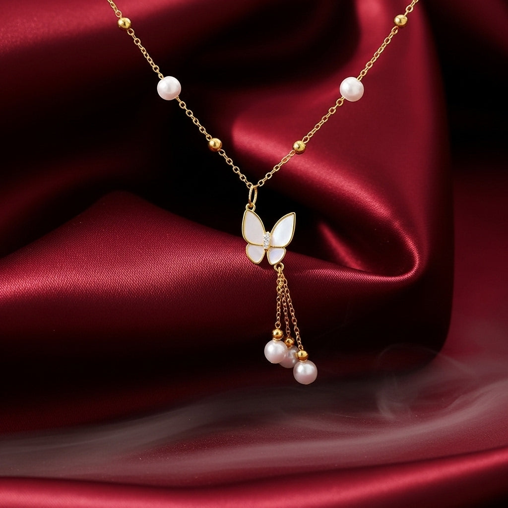 Natural Freshwater Pearl Necklace 6-7mm Butterfly Tassel