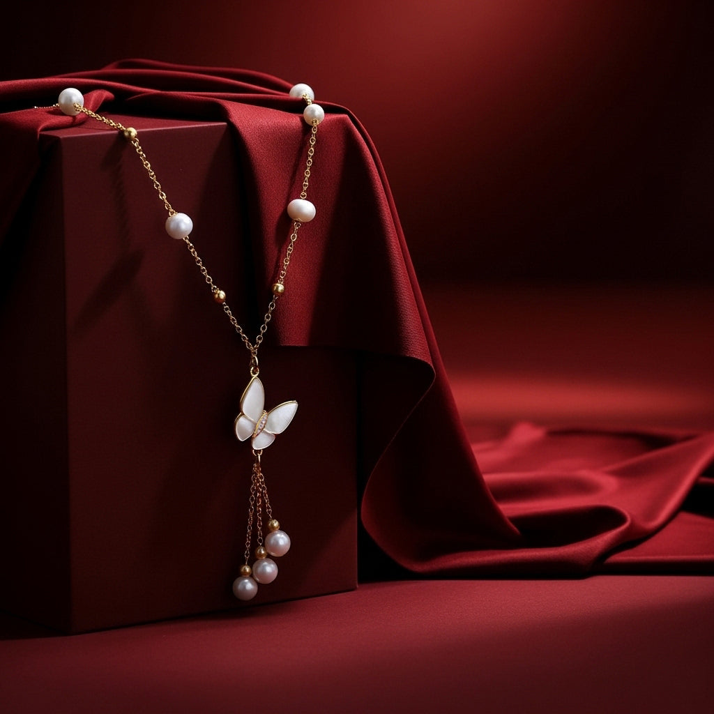 Natural Freshwater Pearl Necklace 6-7mm Butterfly Tassel