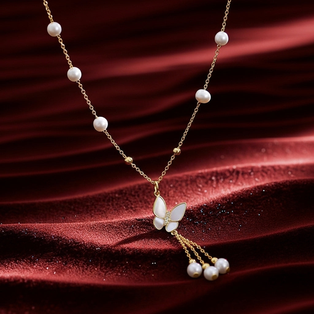 Natural Freshwater Pearl Necklace 6-7mm Butterfly Tassel