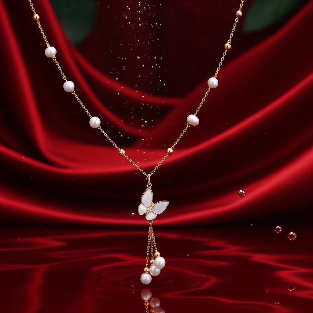 Natural Freshwater Pearl Necklace 6-7mm Butterfly Tassel
