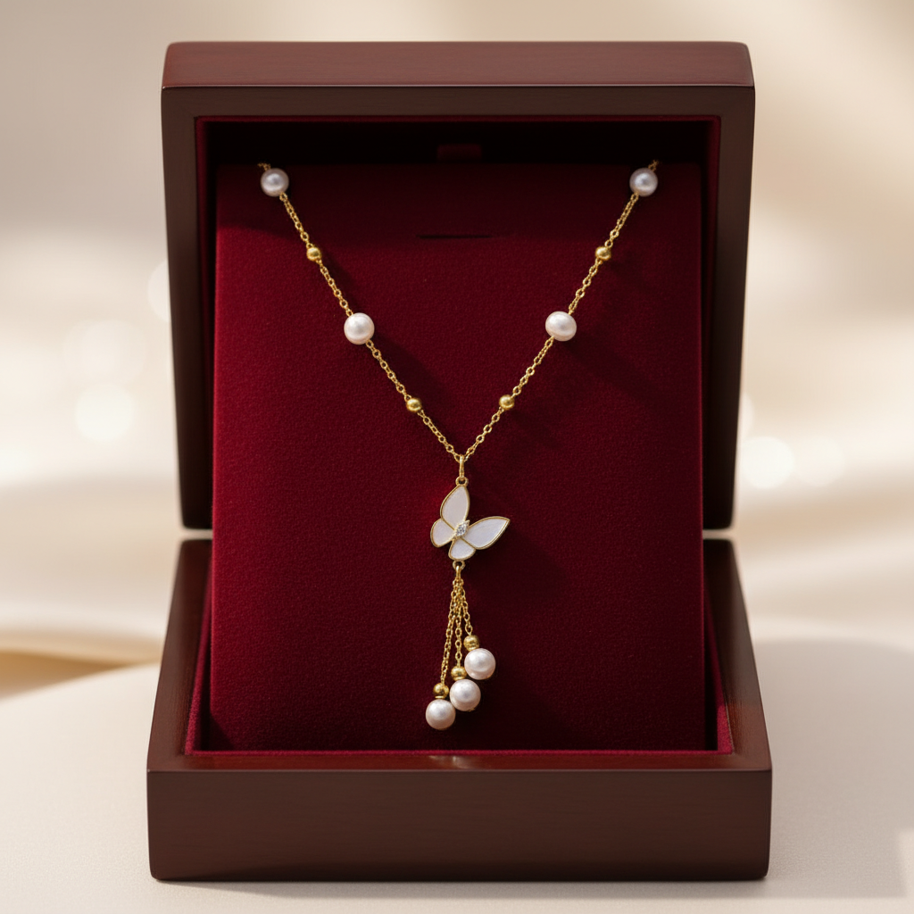 Natural Freshwater Pearl Necklace 6-7mm Butterfly Tassel