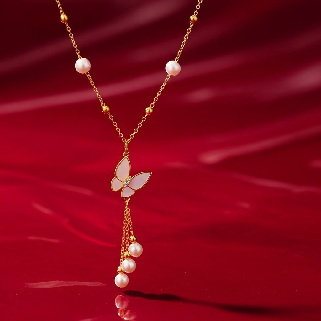 Natural Freshwater Pearl Necklace 6-7mm Butterfly Tassel