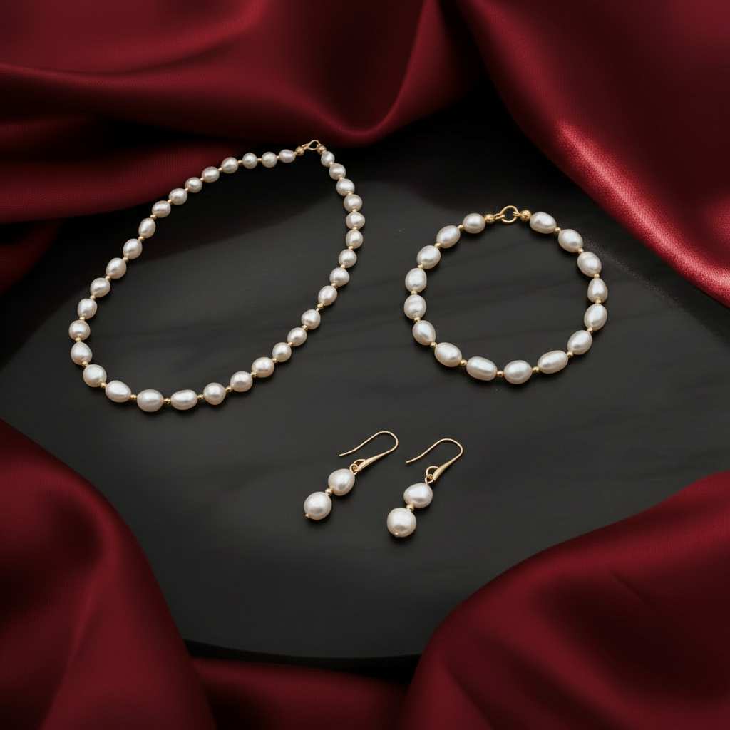 Baroque Freshwater Pearl Necklace Bracelet Earrings Set