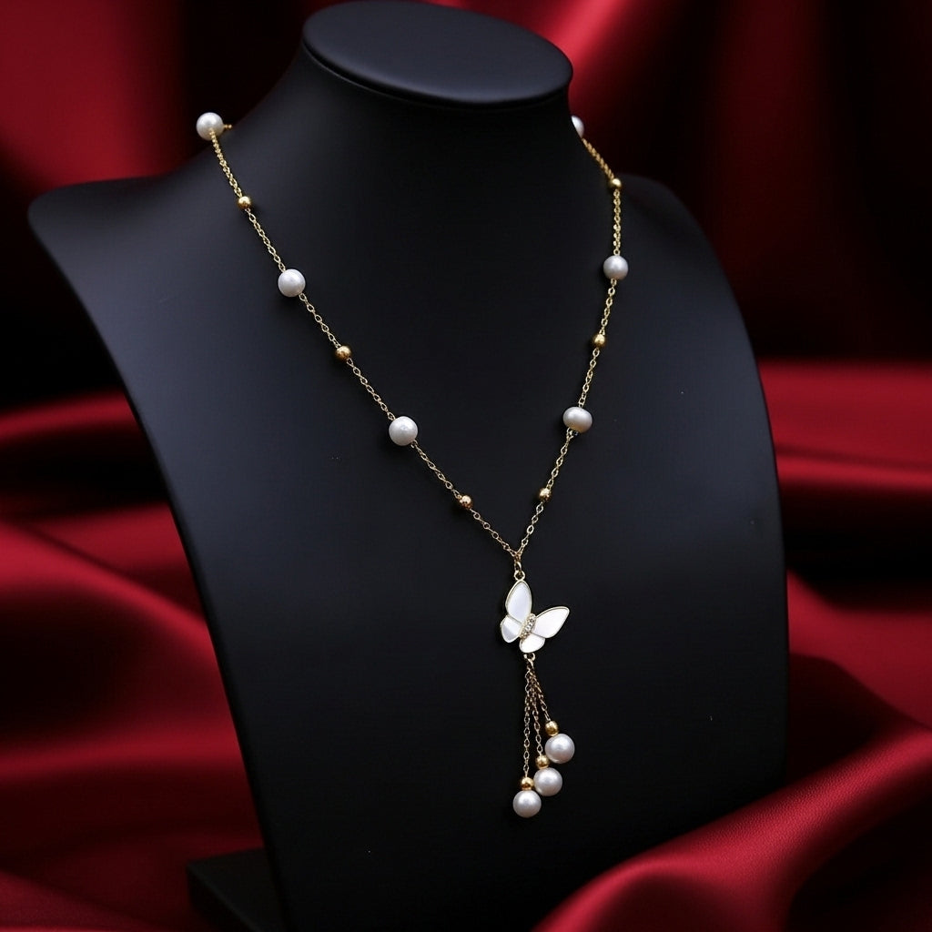 Natural Freshwater Pearl Necklace 6-7mm Butterfly Tassel