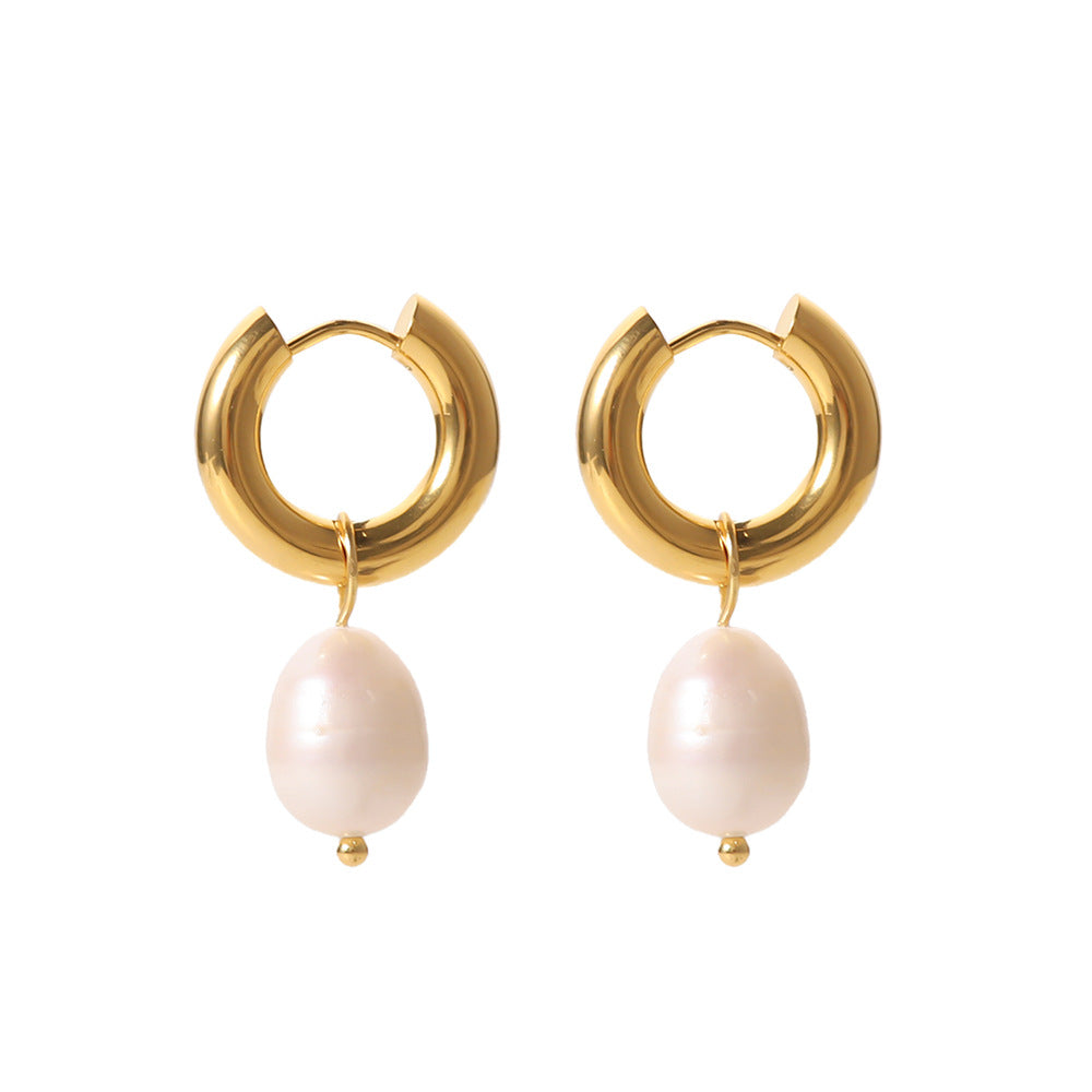 French Retro Fresh Water Pearl Women's Senior Niche 18K Gold Zircon Stud Earrings