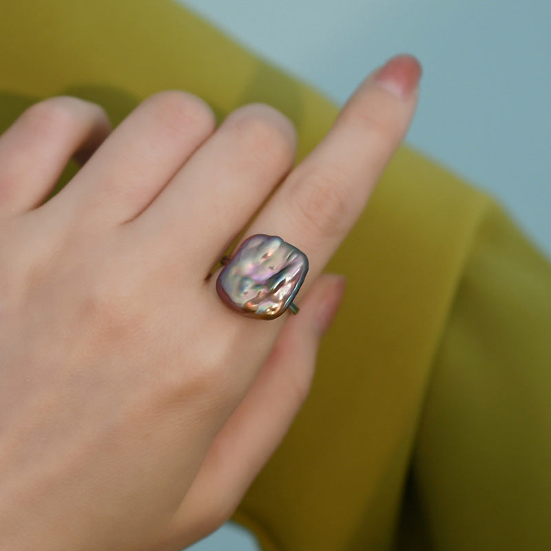 Natural Shaped Square Baroque Pearl Ring Whole Body 925 Silver Simple Elegant Girls JZ1519