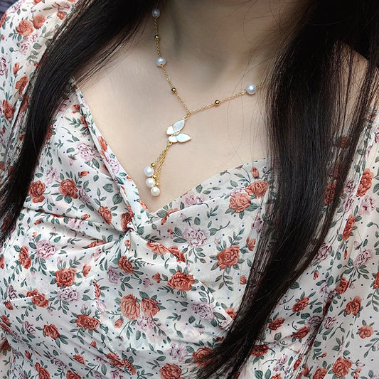 Natural Freshwater Pearl Necklace 6-7mm Butterfly Tassel