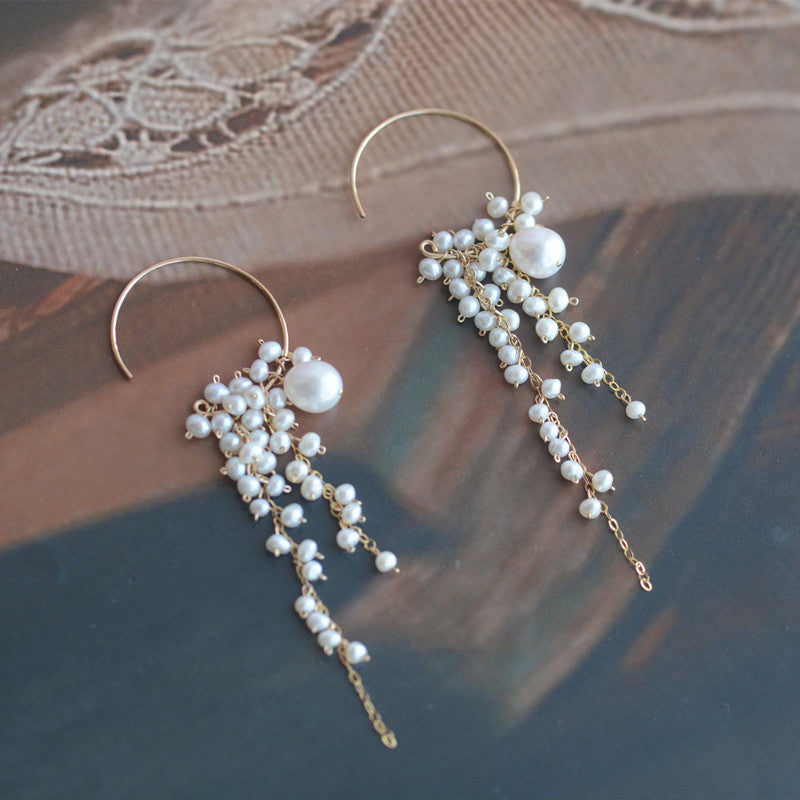 Round Wisteria Beaded Natural Water Pearl Earrings